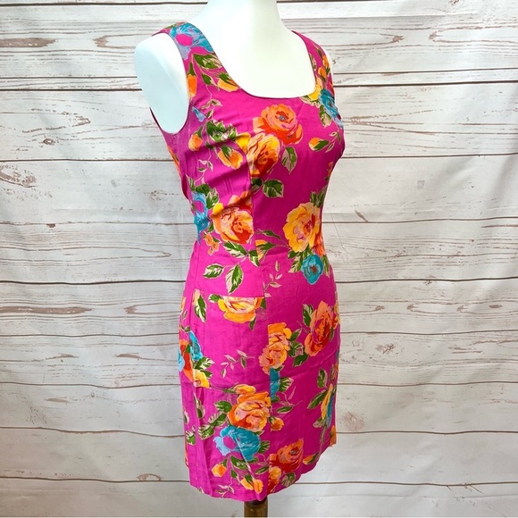 Vintage Retro 90’s Moda INTL Fuchsia Tropical Floral Pocket Sheath Dress - Picture 9 of 10